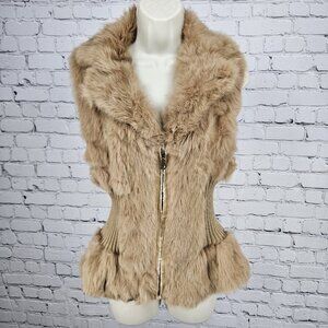 Metric Knits Brown Genuine Rabbit Fur Collared Full Zip Lined Vest Small S